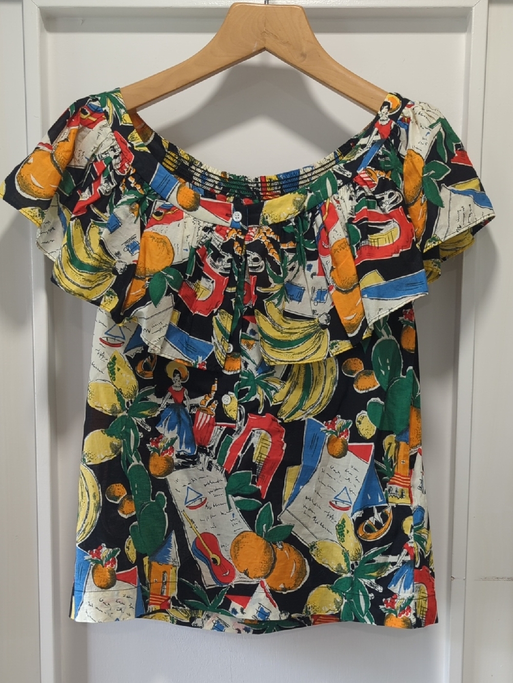 J. Crew Cotton Multicolor Tropical Fruits Salilboats Off-Shoulder Blouse Size 00
